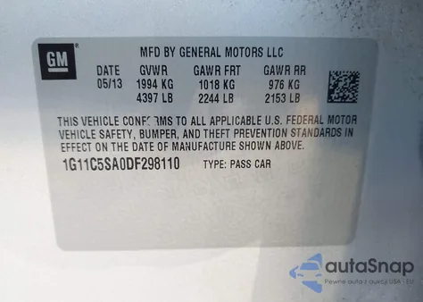 2013 Chevrolet Malibu 1Lt from USA, damaged, VIN 1G11C5SA0DF298110